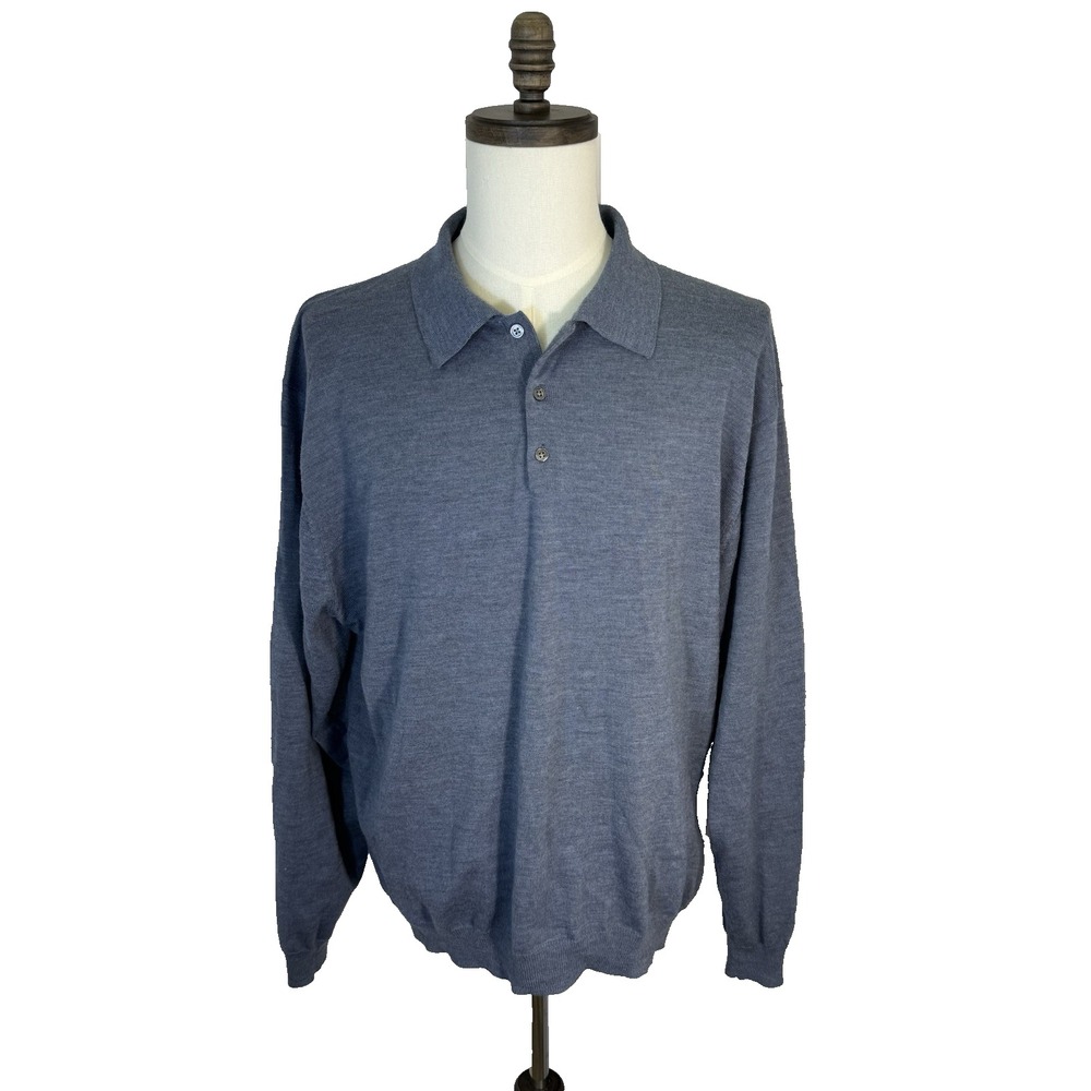 Pronto Uomo Sweater Mens XXL Blue 100% Fine Merino Wool Long Sleeve‎ Polo Golf